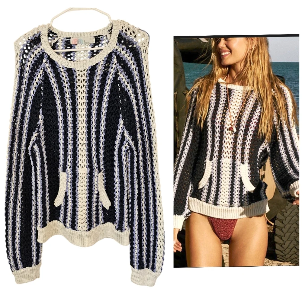 Free People Beach Crochet Striped Dayton Sweater Midnight Rain Combo